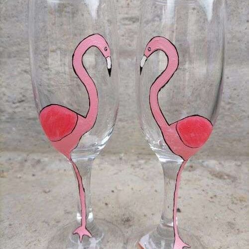 Ръчно рисувани чаши за вино - TGH05 - фламинго